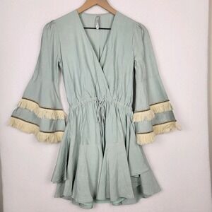 Indikah Boho V-Neck Dress XS Sage Green Fringe Bell Sleeve Lined Festival